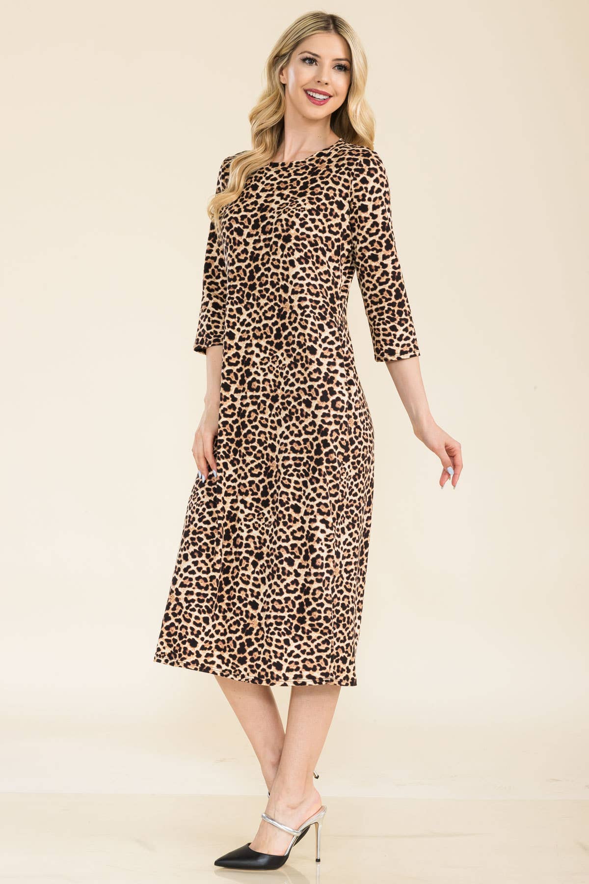 LEOPARD PRINT LAYERING DRESS WITH 3/4 SLEEVES