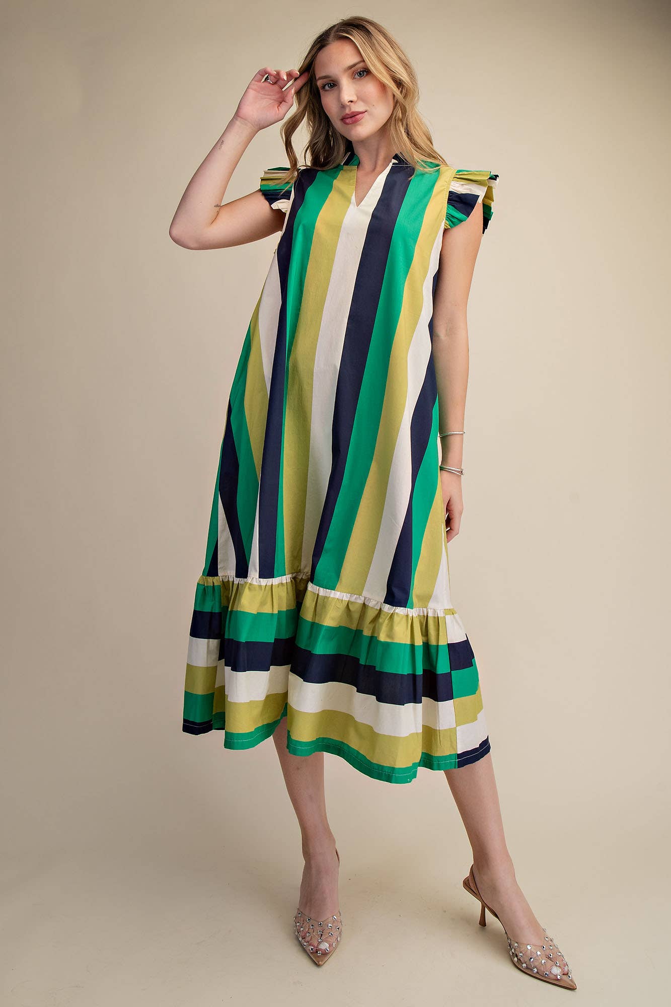 Ruffle Neck Sleeveless Flutter Stripe Midi Dress