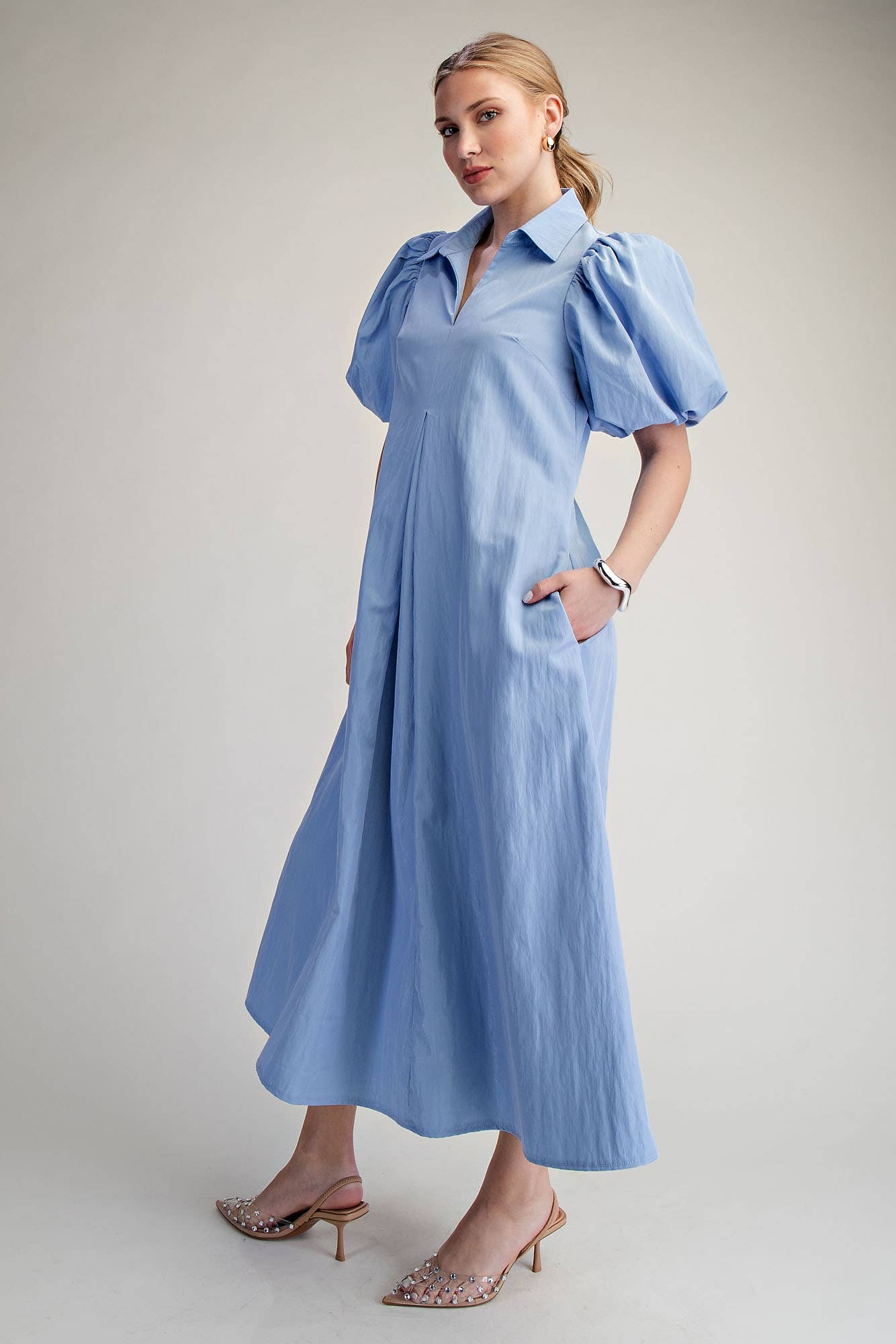 Collar V-Neck Puff Sleeve Pleated Midi Dress