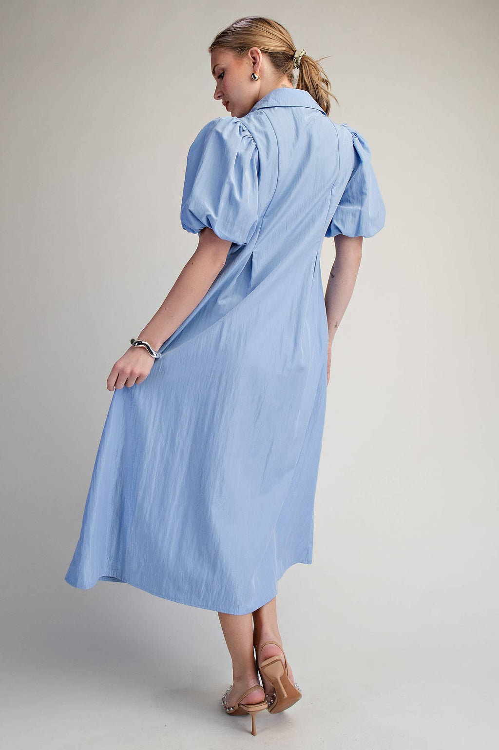 Collar V-Neck Puff Sleeve Pleated Midi Dress