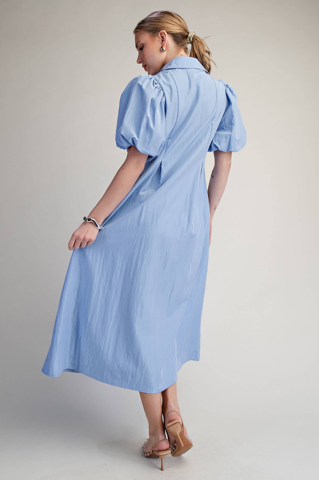 Collar V-Neck Puff Sleeve Pleated Midi Dress