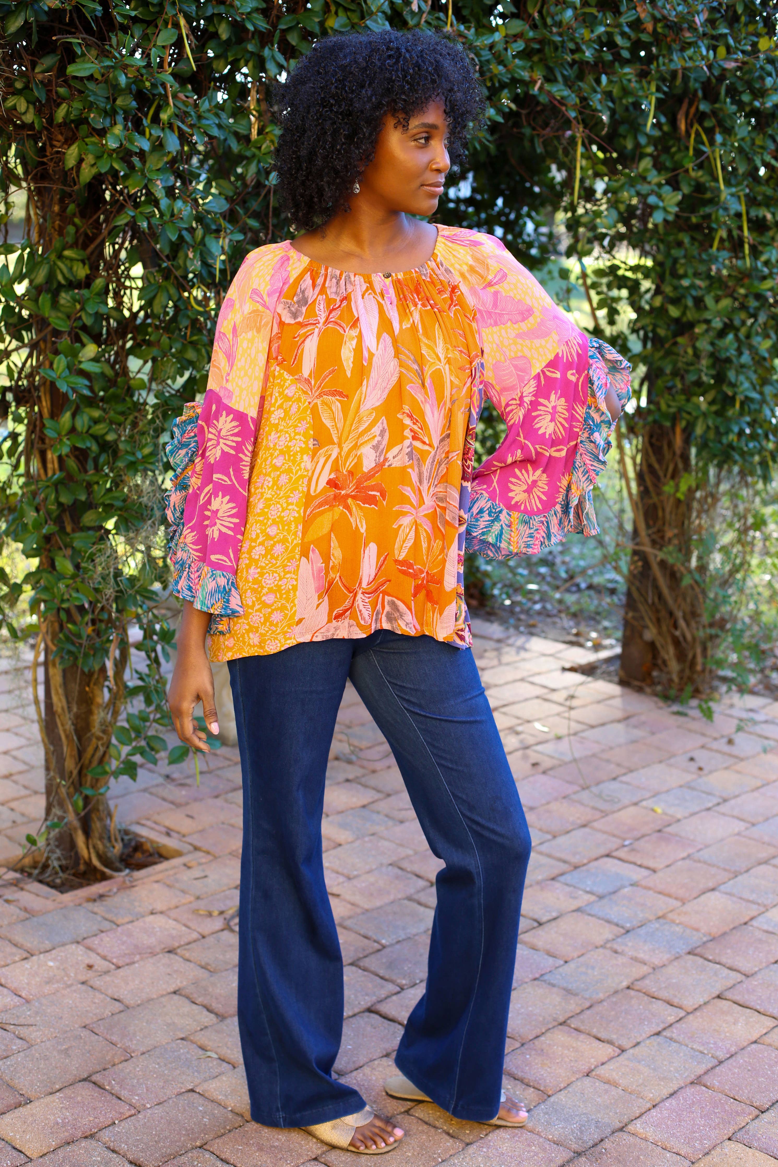 Flair Sleeve Floral Blouse: Rose Meadow Patchwork