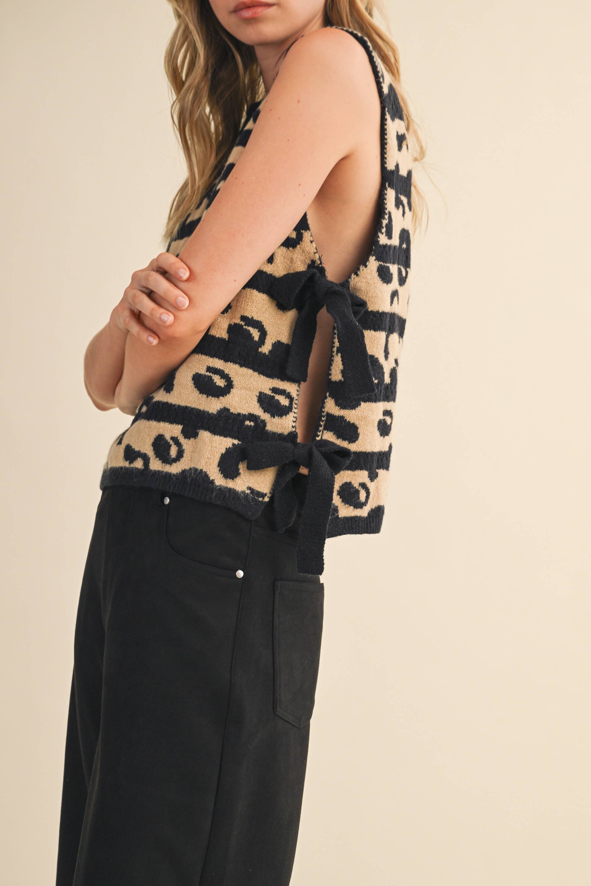 Striped Leopard Side Tie Sweater Vest
