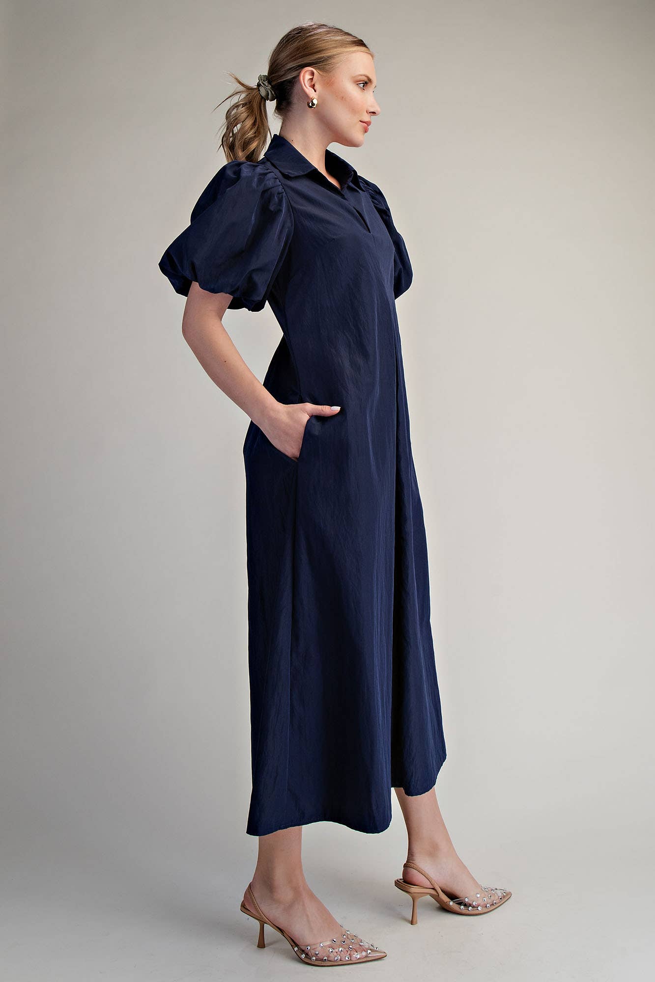 Collar V-Neck Puff Sleeve Pleated Midi Dress