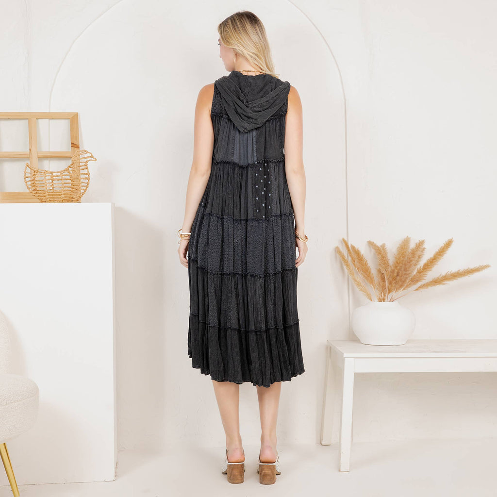 Boho Patchwork Sleeveless Maxi Duster With Hoodie NEW