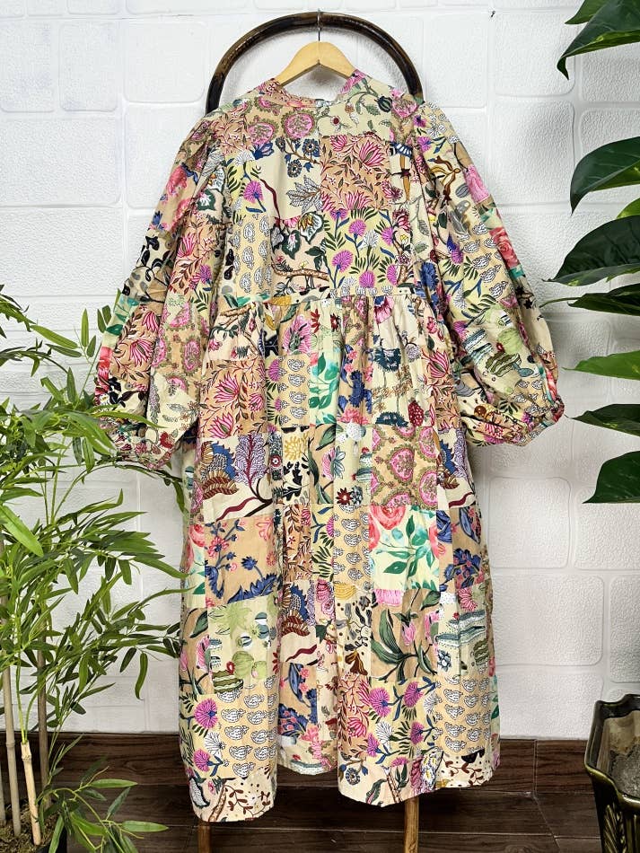 Hand Patchwork Cotton Dress - Beigh