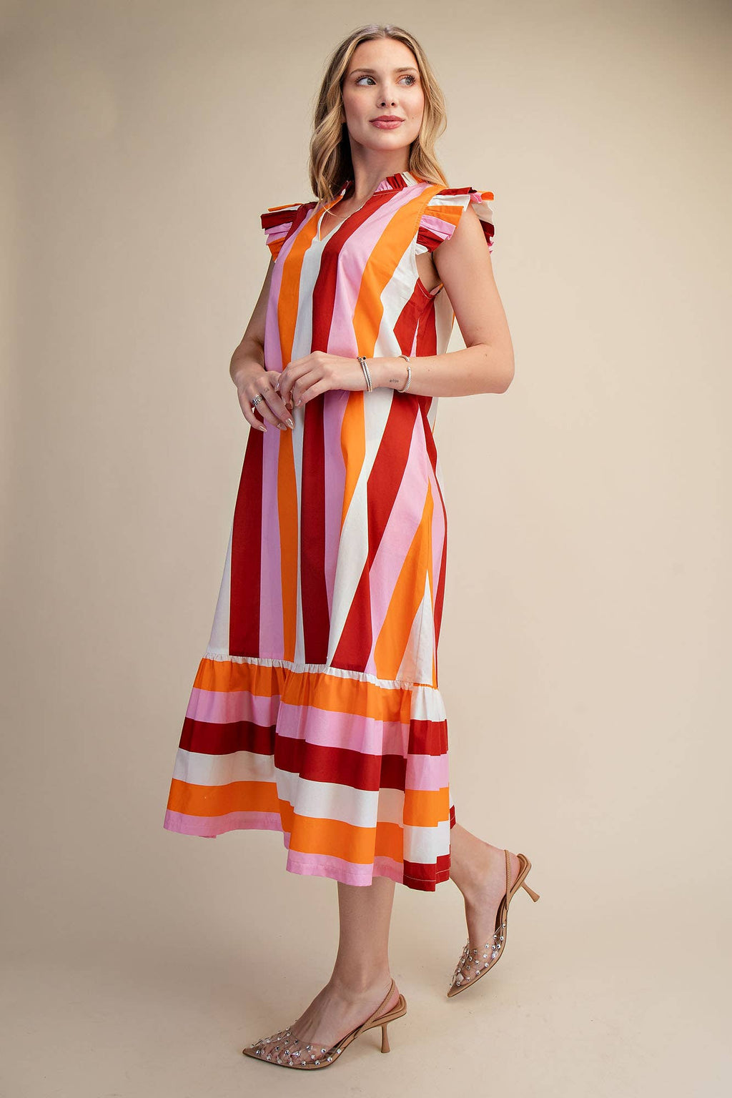 Ruffle Neck Sleeveless Flutter Stripe Midi Dress