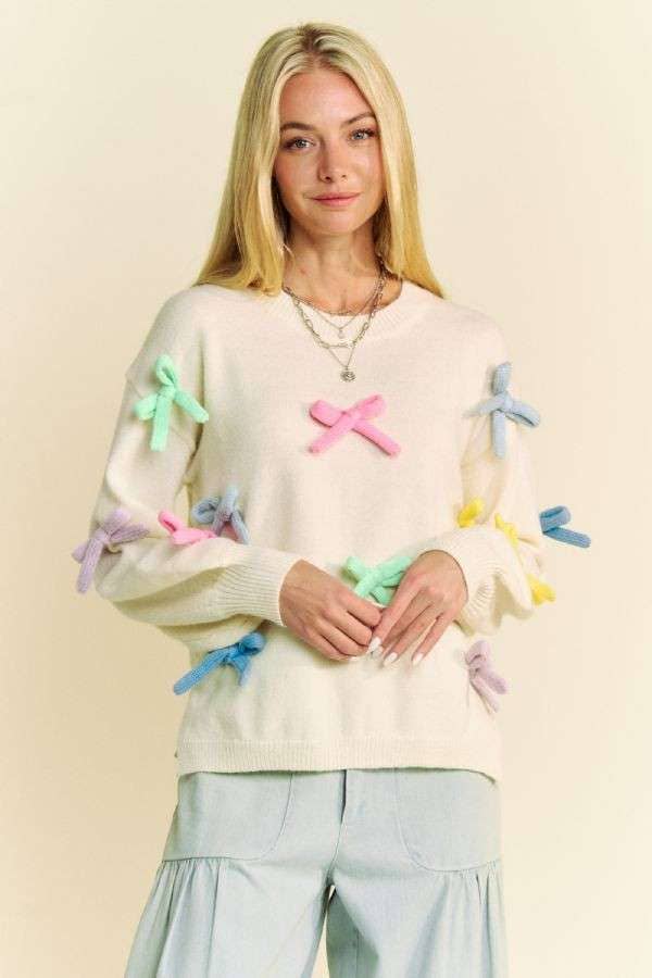 MULTI COLOR RIBBON BOW TIE LOOSE FIT KNIT SWEATER