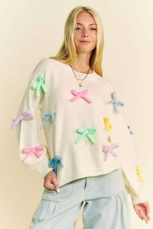 MULTI COLOR RIBBON BOW TIE LOOSE FIT KNIT SWEATER