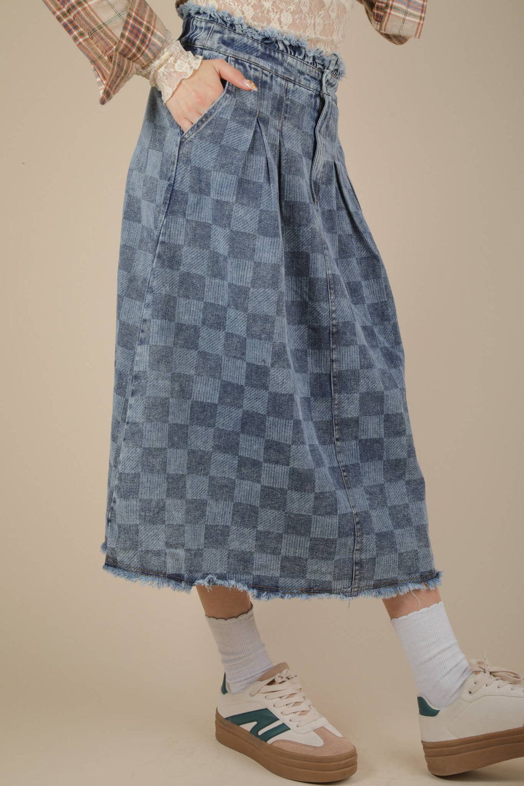 Washed Checkered Denim Midi Skirt