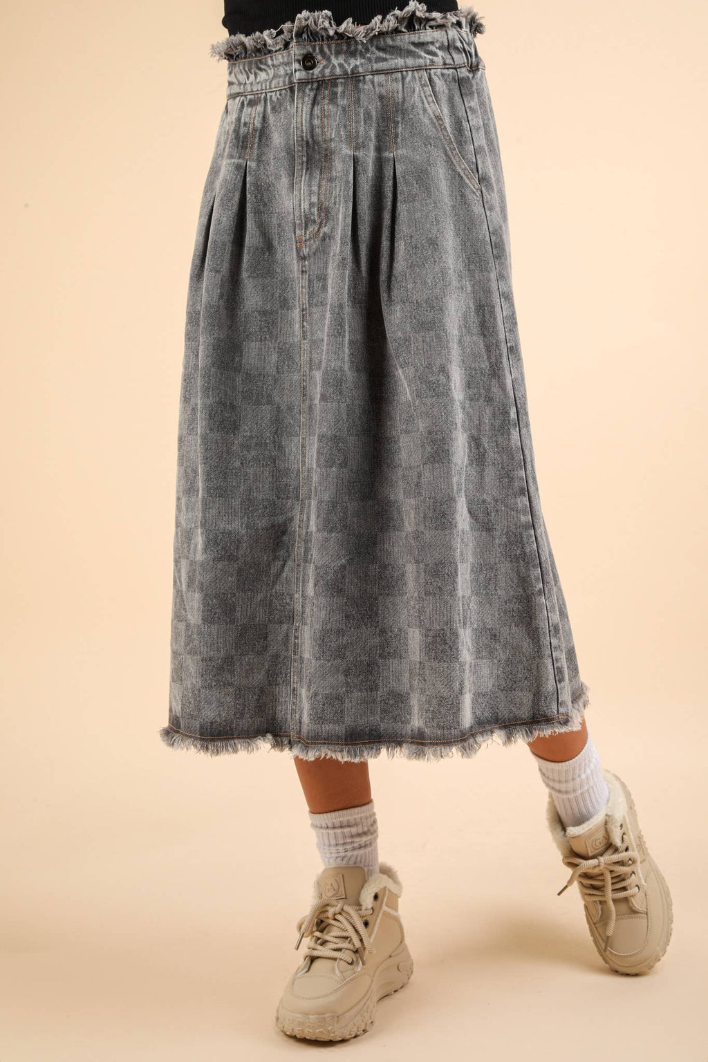 Washed Checkered Denim Midi Skirt