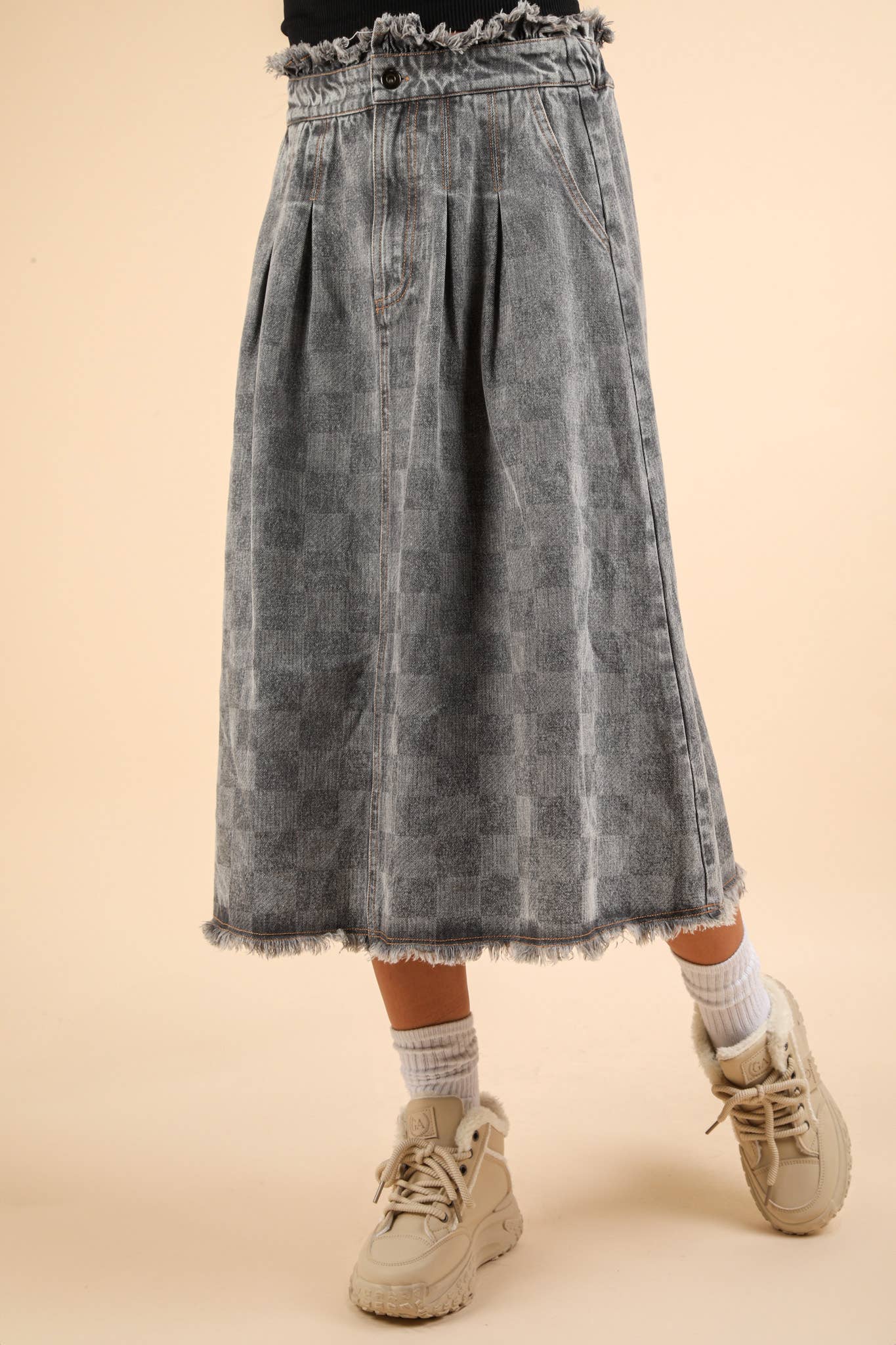 Washed Checkered Denim Midi Skirt