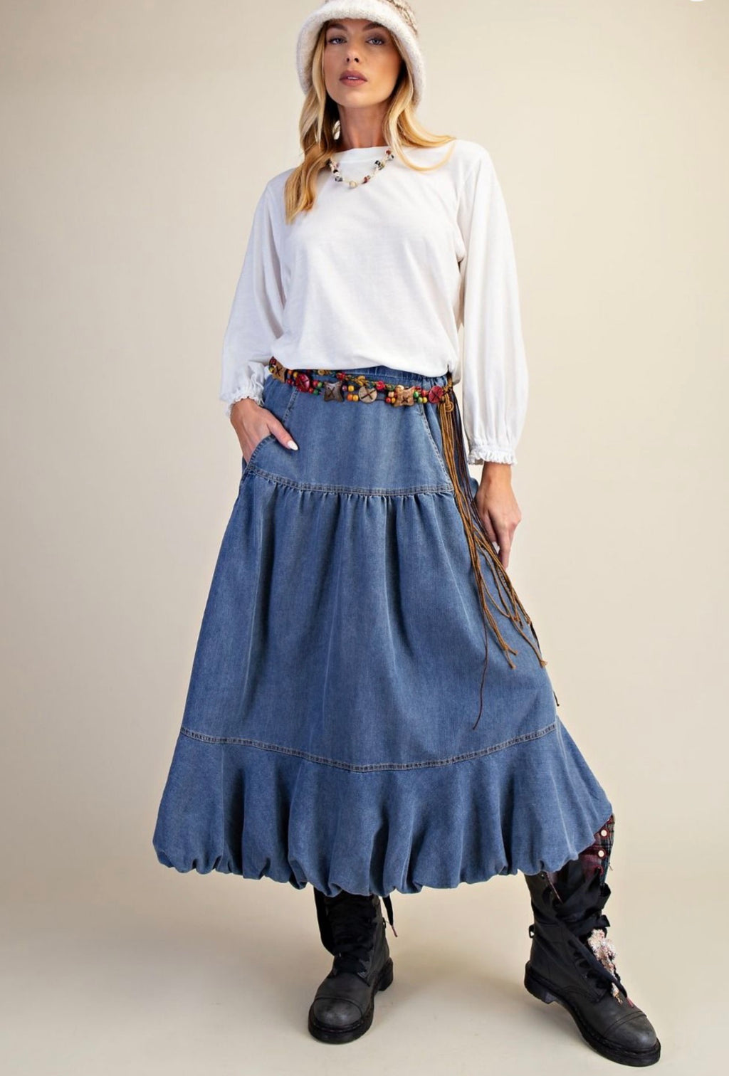 Bubble Hem Washed Denim Skirt