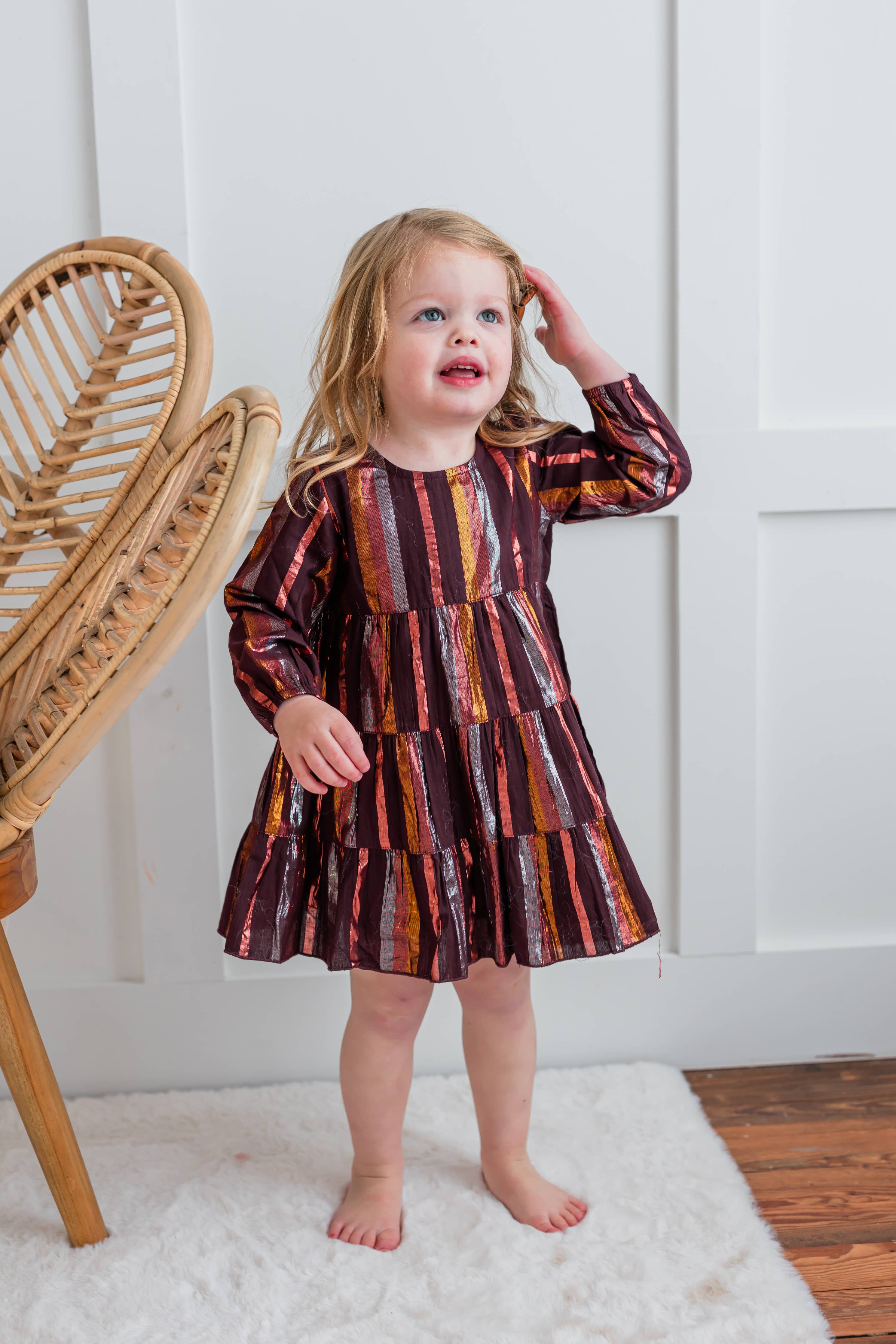Burgundy Multi Lurex Tiered Long Sleeve Dress *Final Sale*