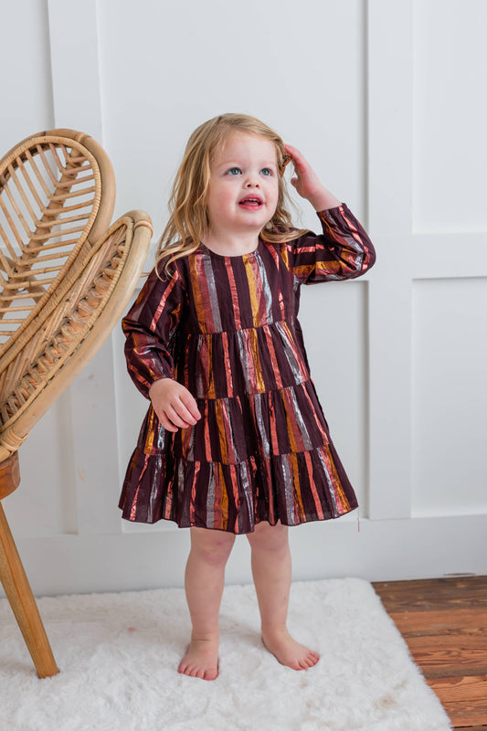 Burgundy Multi Lurex Tiered Long Sleeve Dress