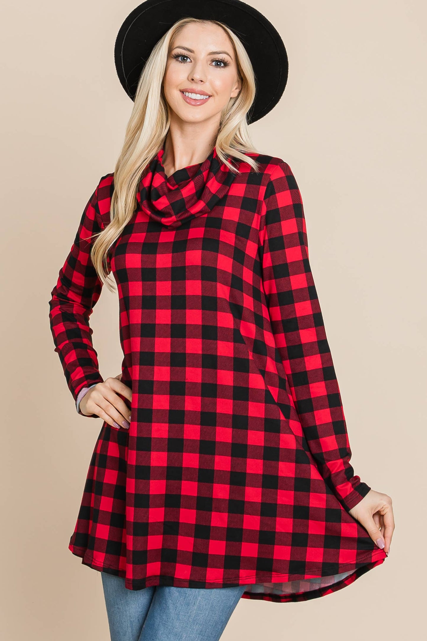 Red Check Cowl Neck Tunic