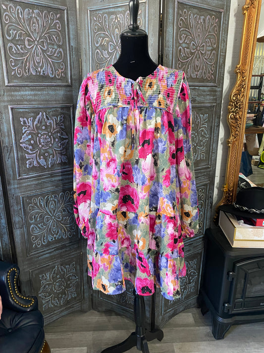 Multicolour Floral Tie Neck Bubble Sleeve Shift Dress