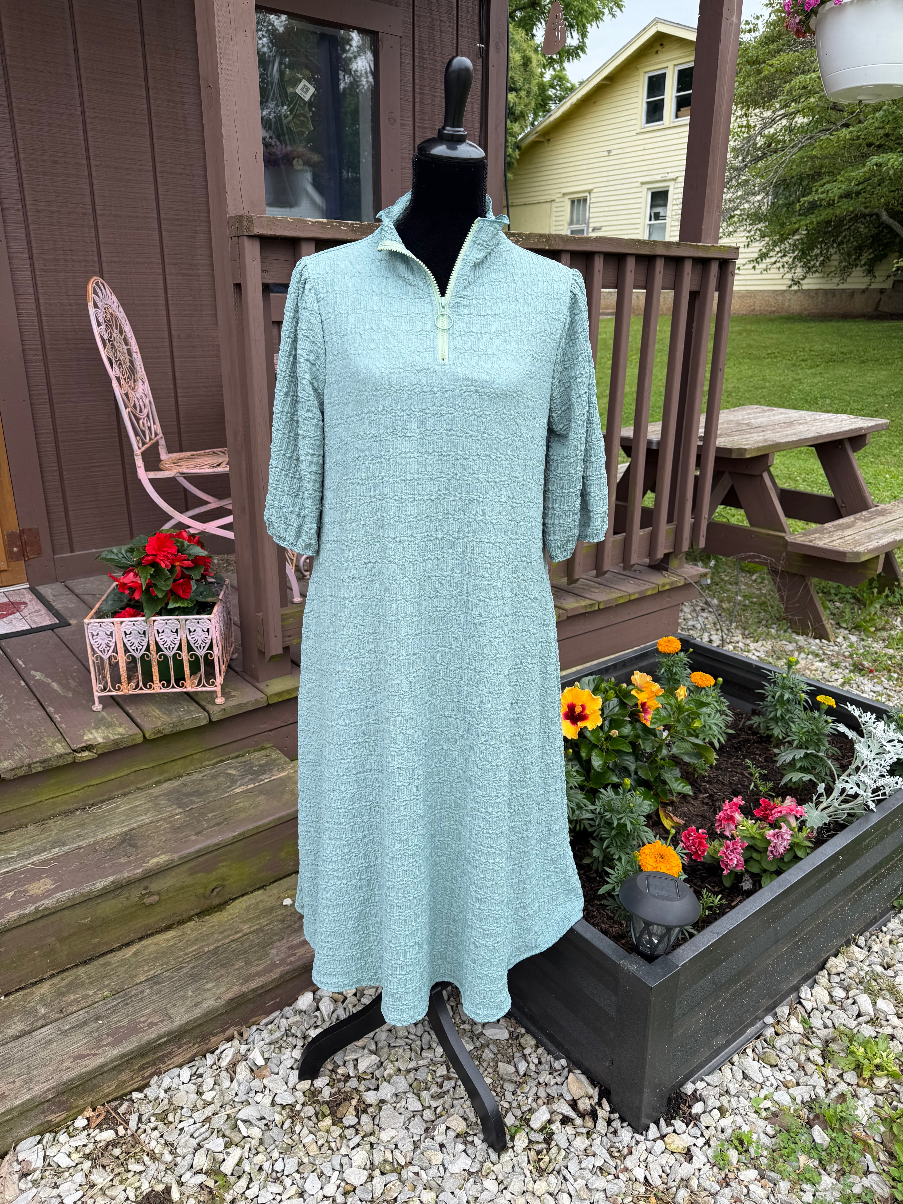 3/4 Zip A-Line MIDI Dress - Sage