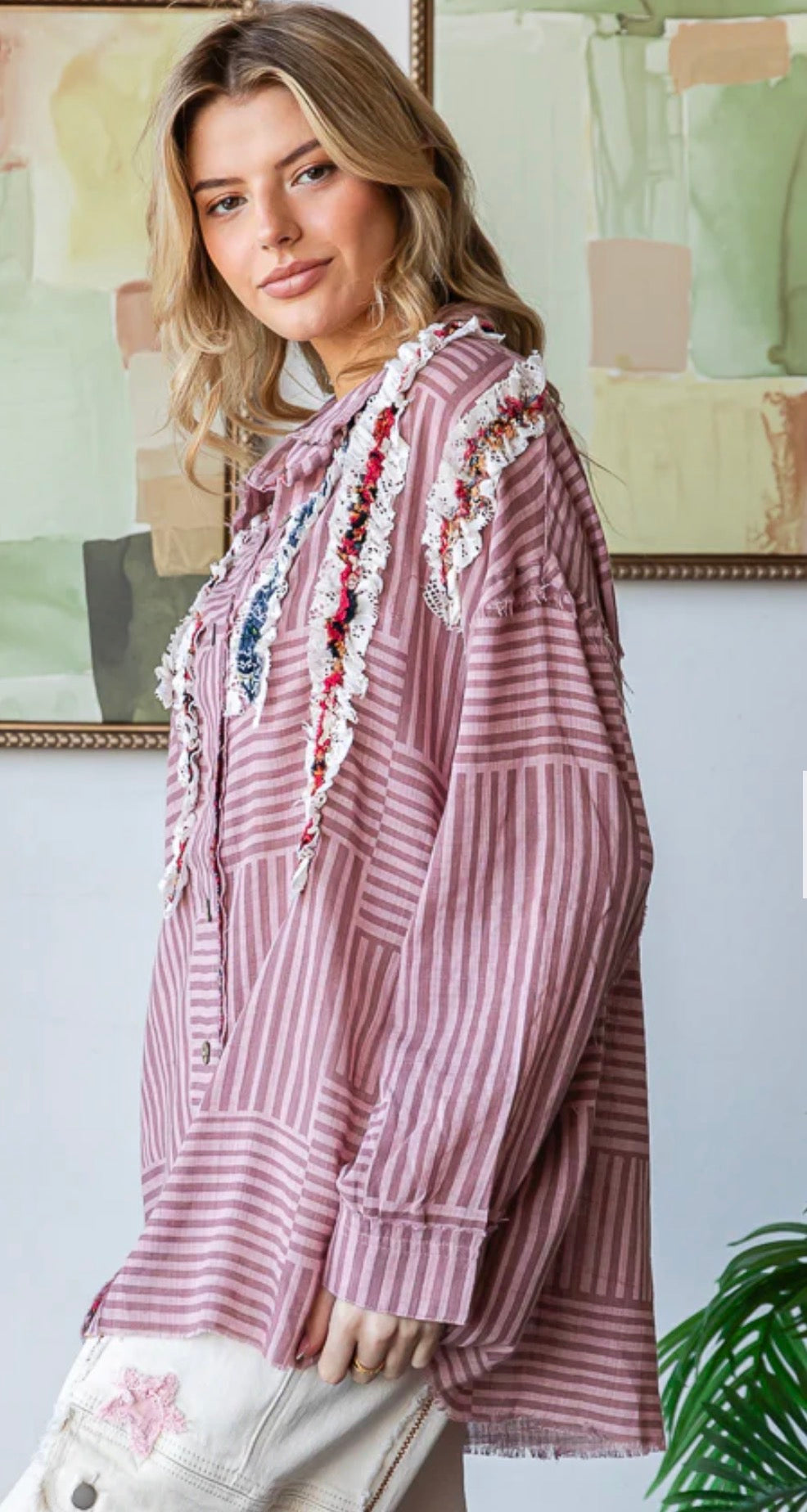 Ruffle Contrast Detail Striped Shirt