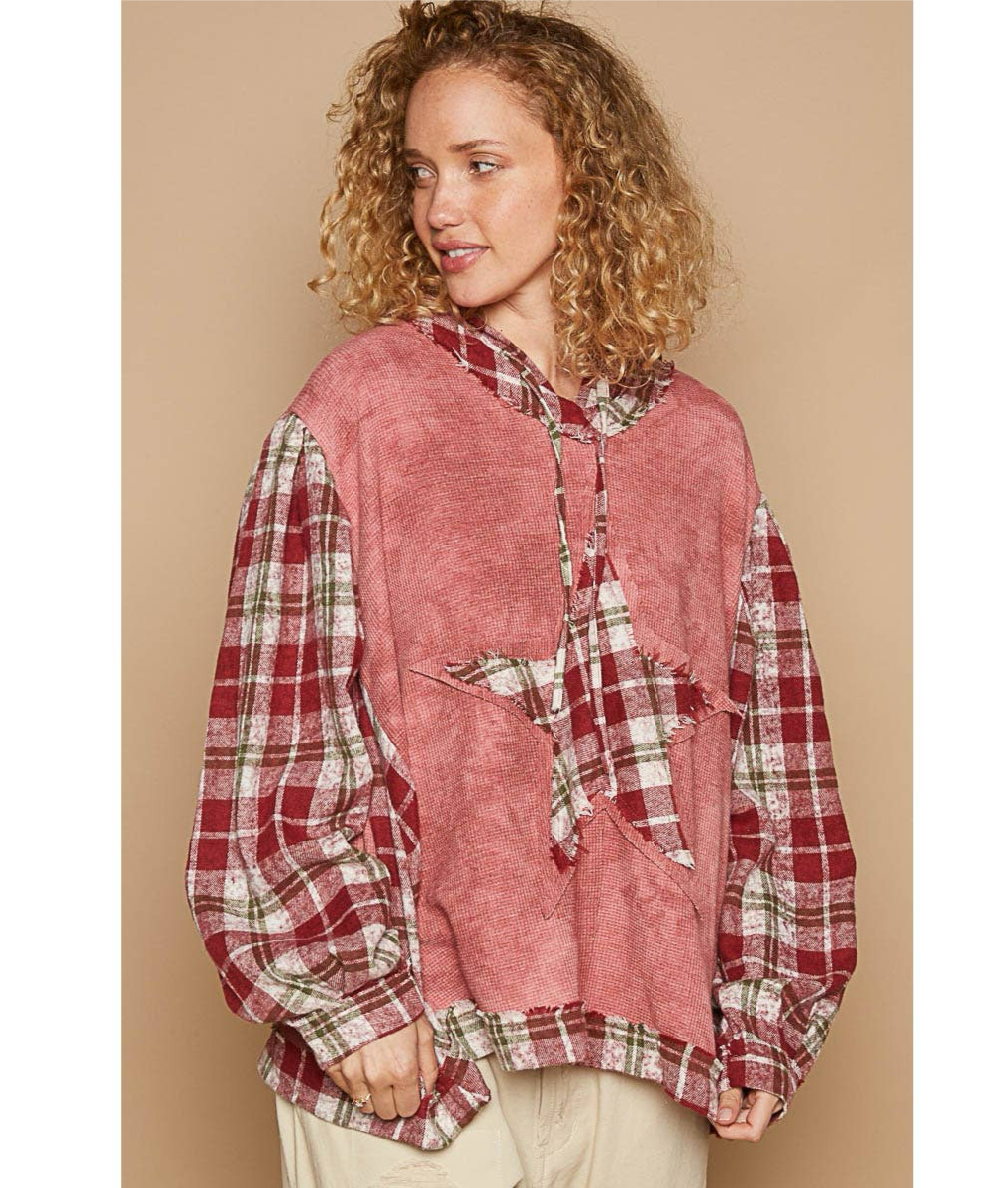 Tie dyed balloon plaid sleeve star patch top *Final Sale*