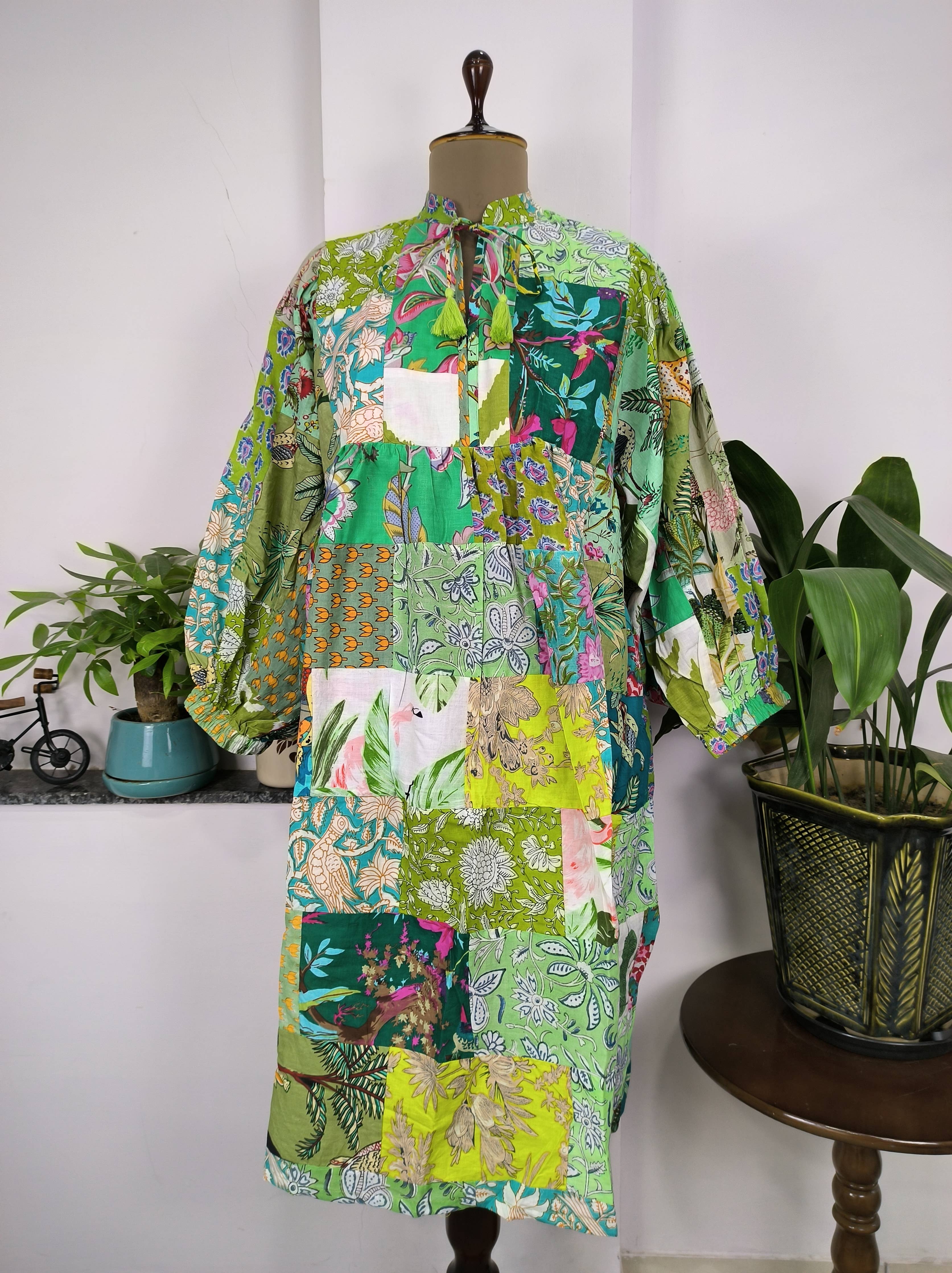Hand Patchwork Dress - Green Cotton