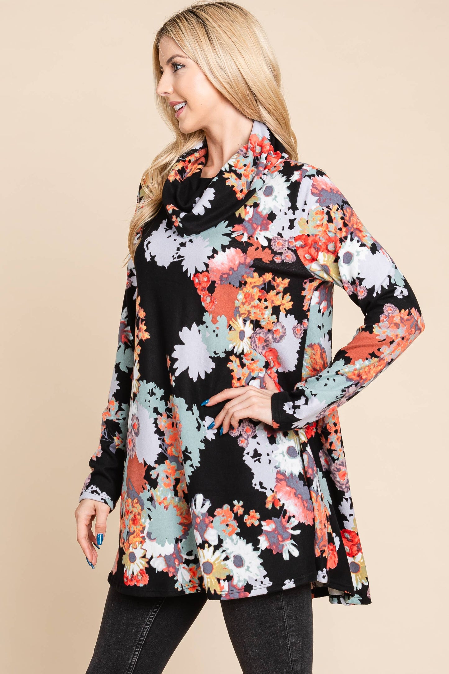 FLORAL KNIT COWLNECK TOP