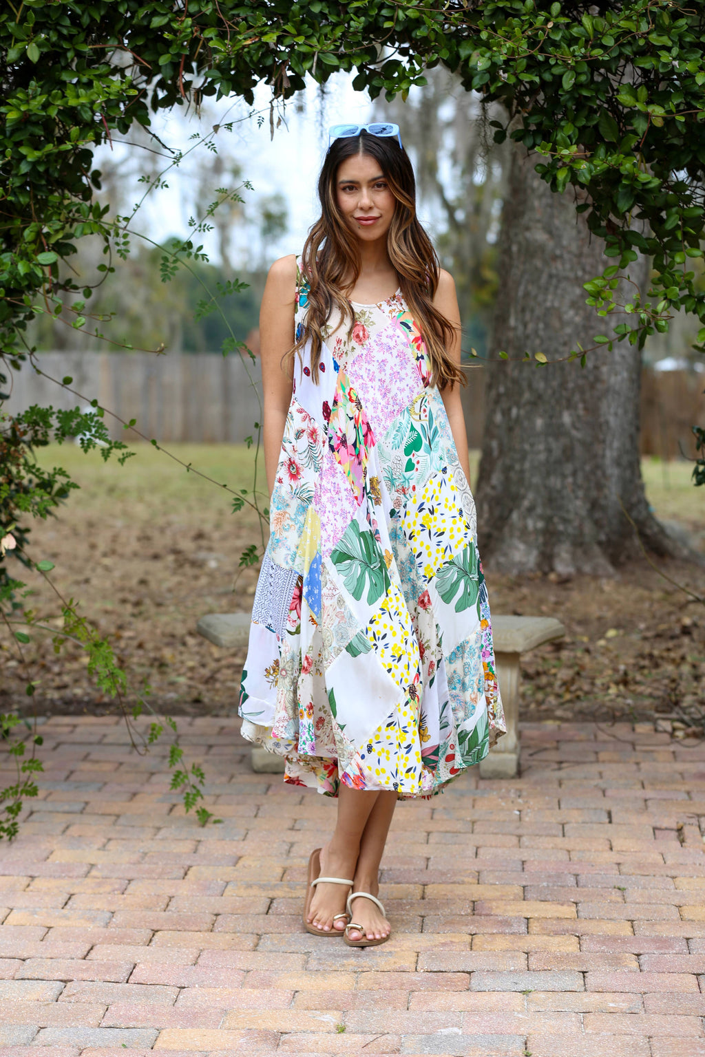 White Floral Umbrella Dress in Upcycled Patchwork
