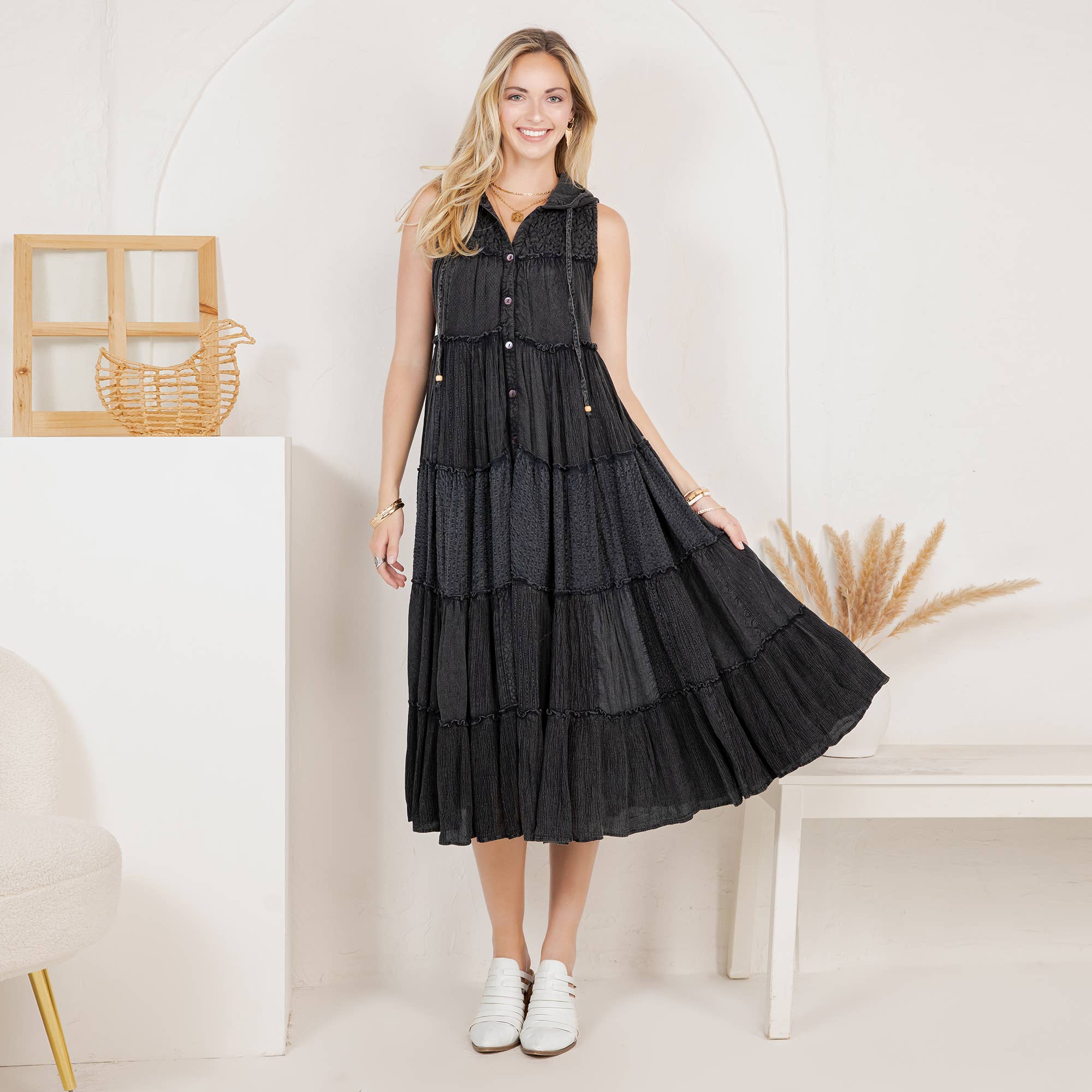 Boho Patchwork Sleeveless Maxi Duster With Hoodie NEW