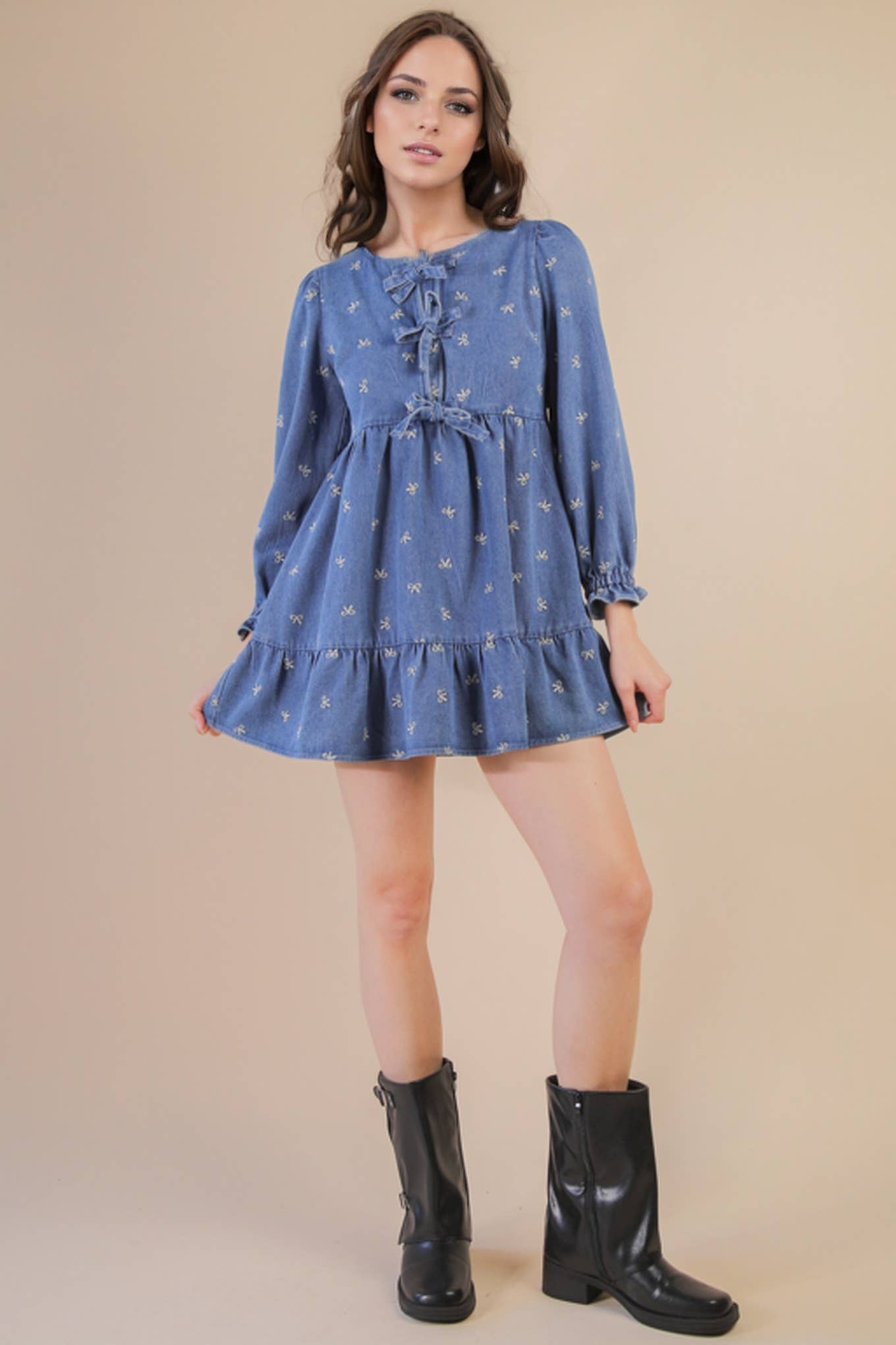 ND31898-Soft Washed Denim Printed Casual Mini Dress
