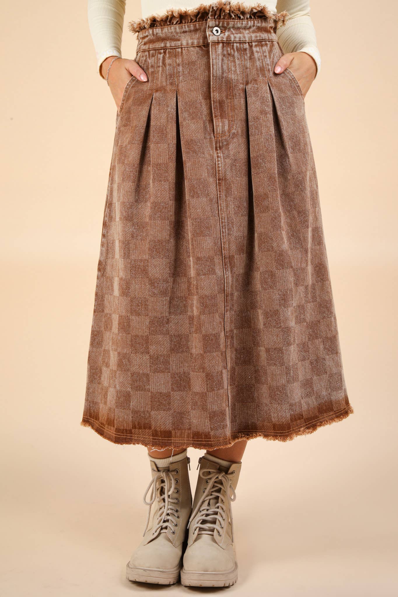 Washed Checkered Denim Midi Skirt