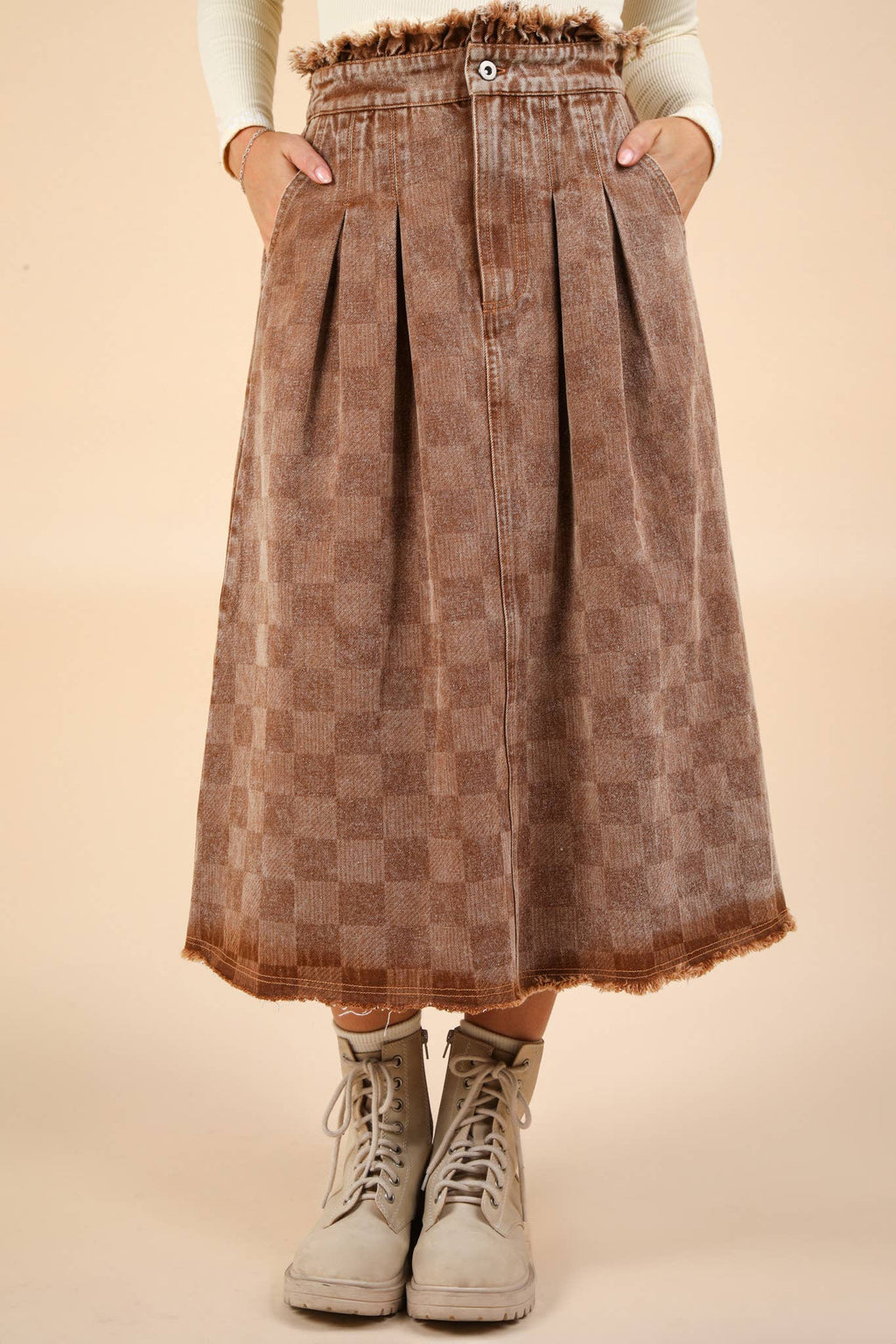 Washed Checkered Denim Midi Skirt