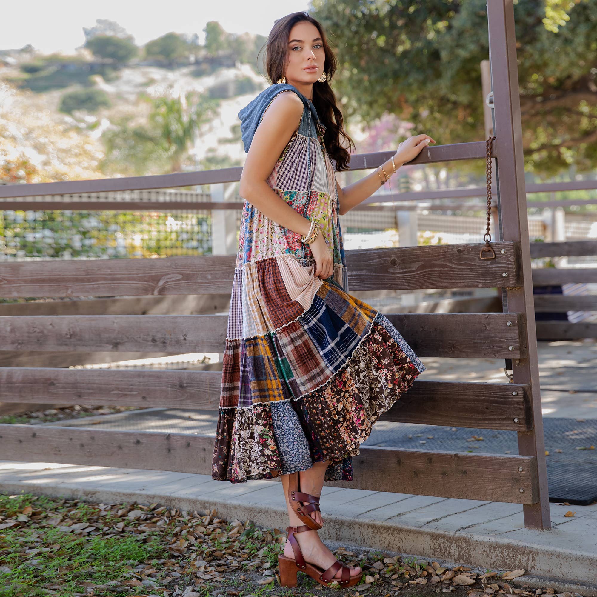Boho Patchwork Sleeveless Maxi Duster With Hoodie NEW