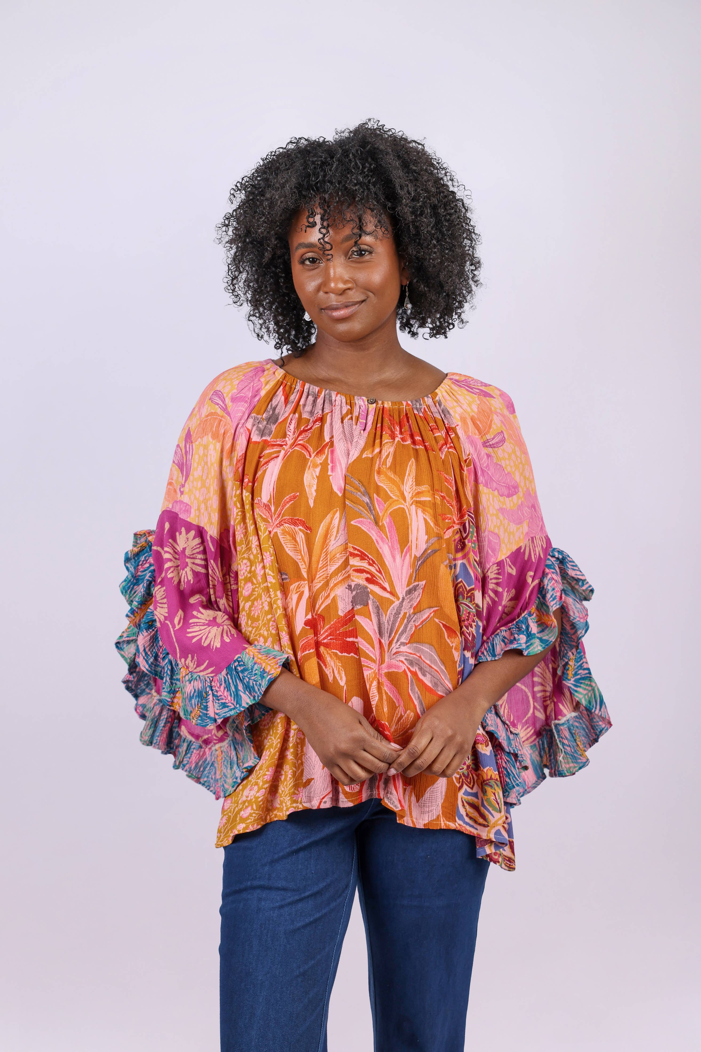 Flair Sleeve Floral Blouse: Rose Meadow Patchwork