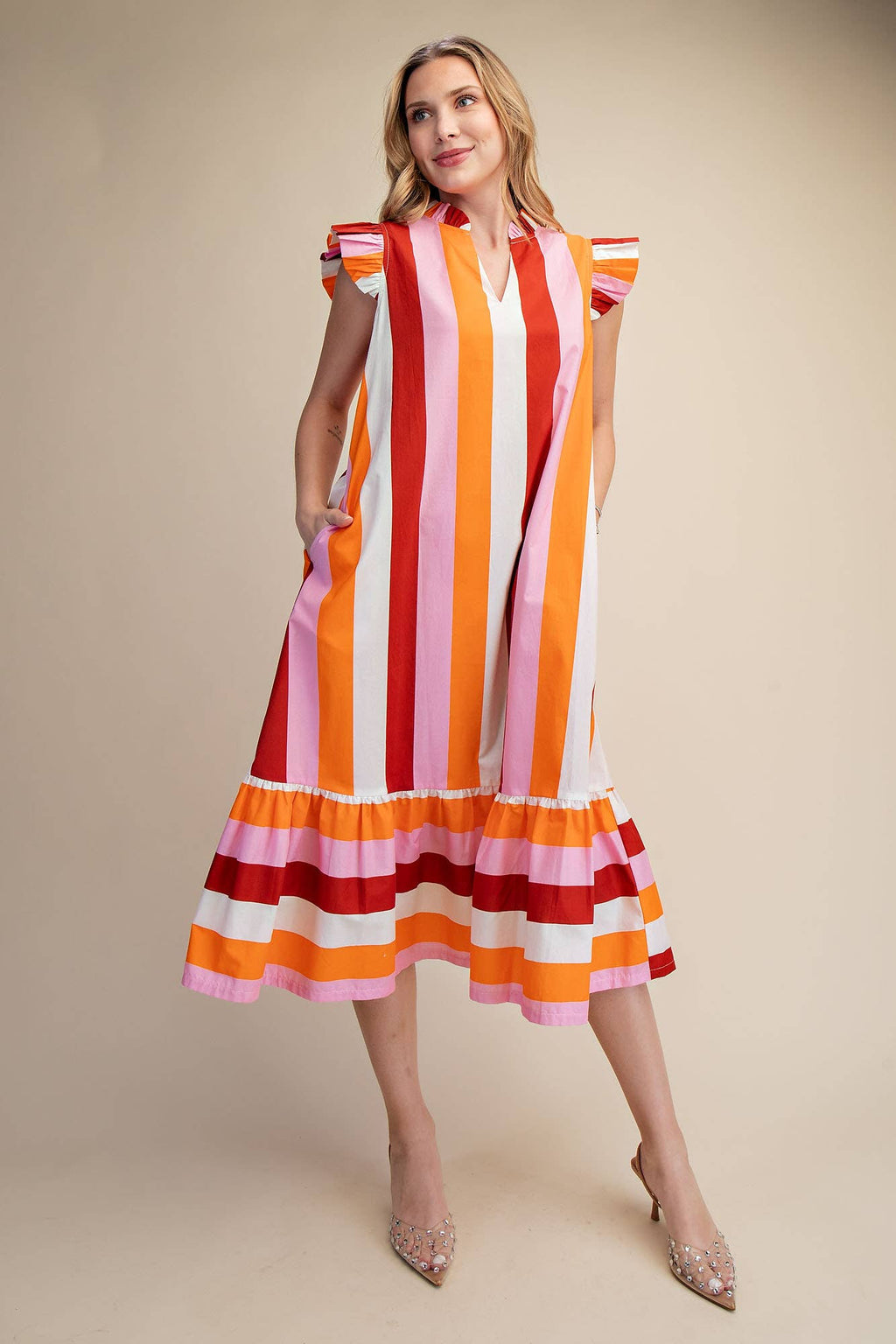 Ruffle Neck Sleeveless Flutter Stripe Midi Dress