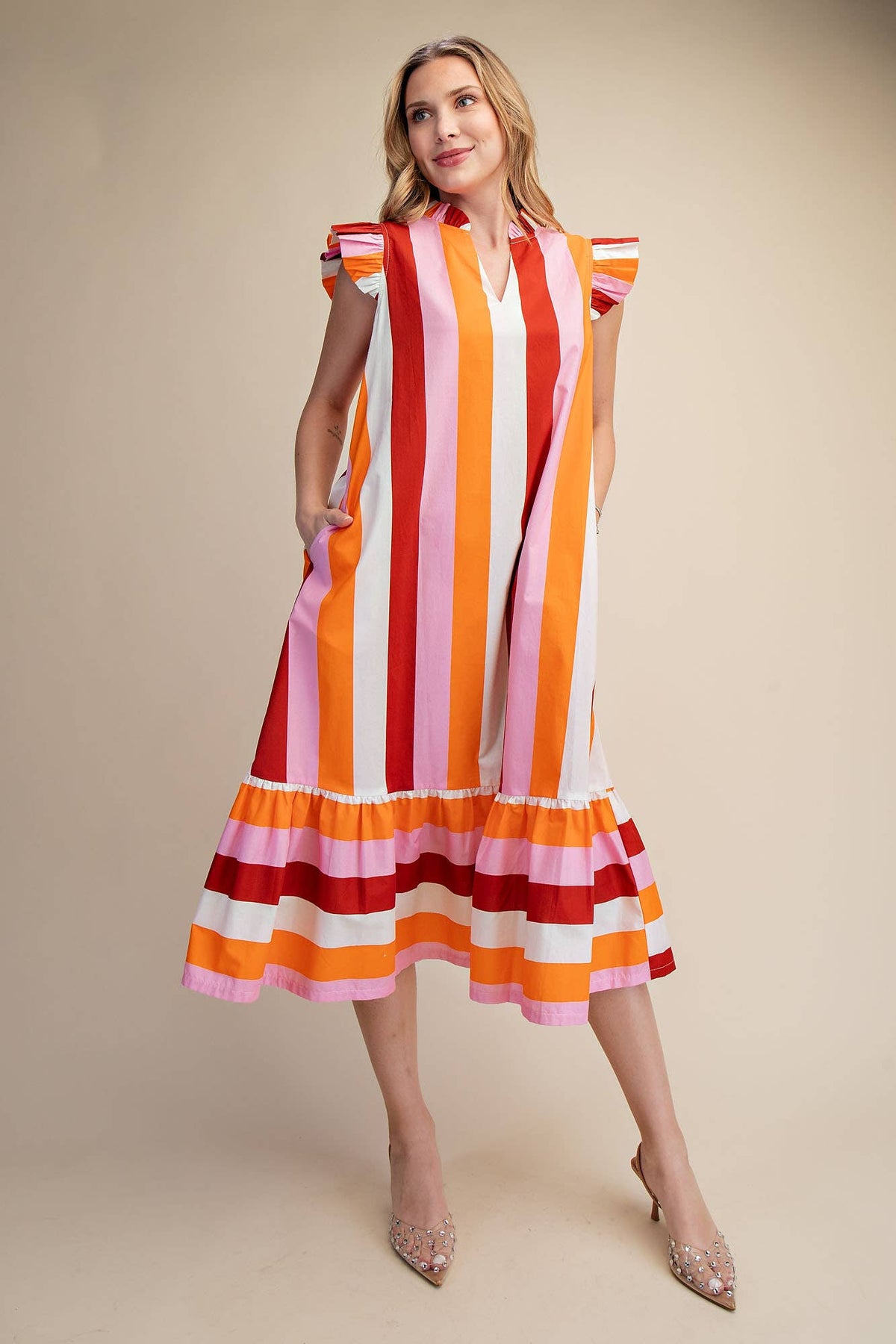 Ruffle Neck Sleeveless Flutter Stripe Midi Dress