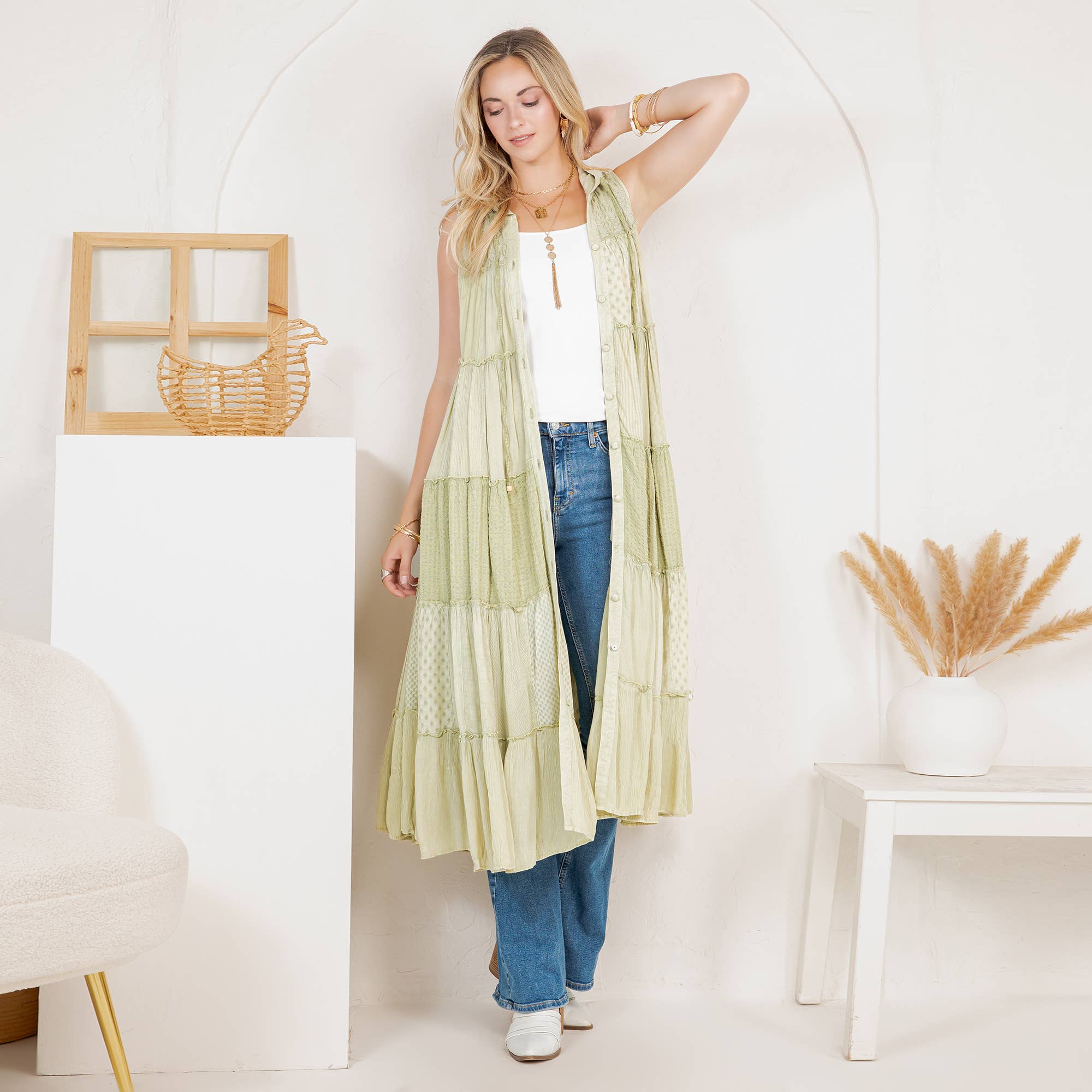 Boho Patchwork Sleeveless Maxi Duster With Hoodie NEW