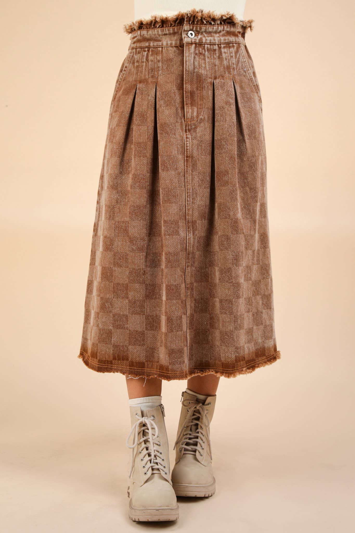 Washed Checkered Denim Midi Skirt