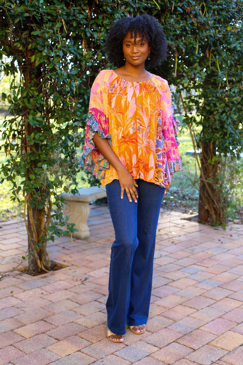 Flair Sleeve Floral Blouse: Rose Meadow Patchwork
