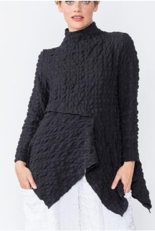 IC Collection Puckered Woven Mock Neck Long Sleeve Asymmetrical Tunic