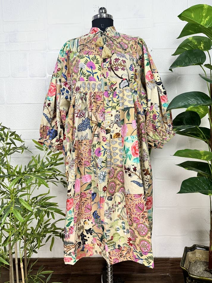 Hand Patchwork Cotton Dress - Beigh