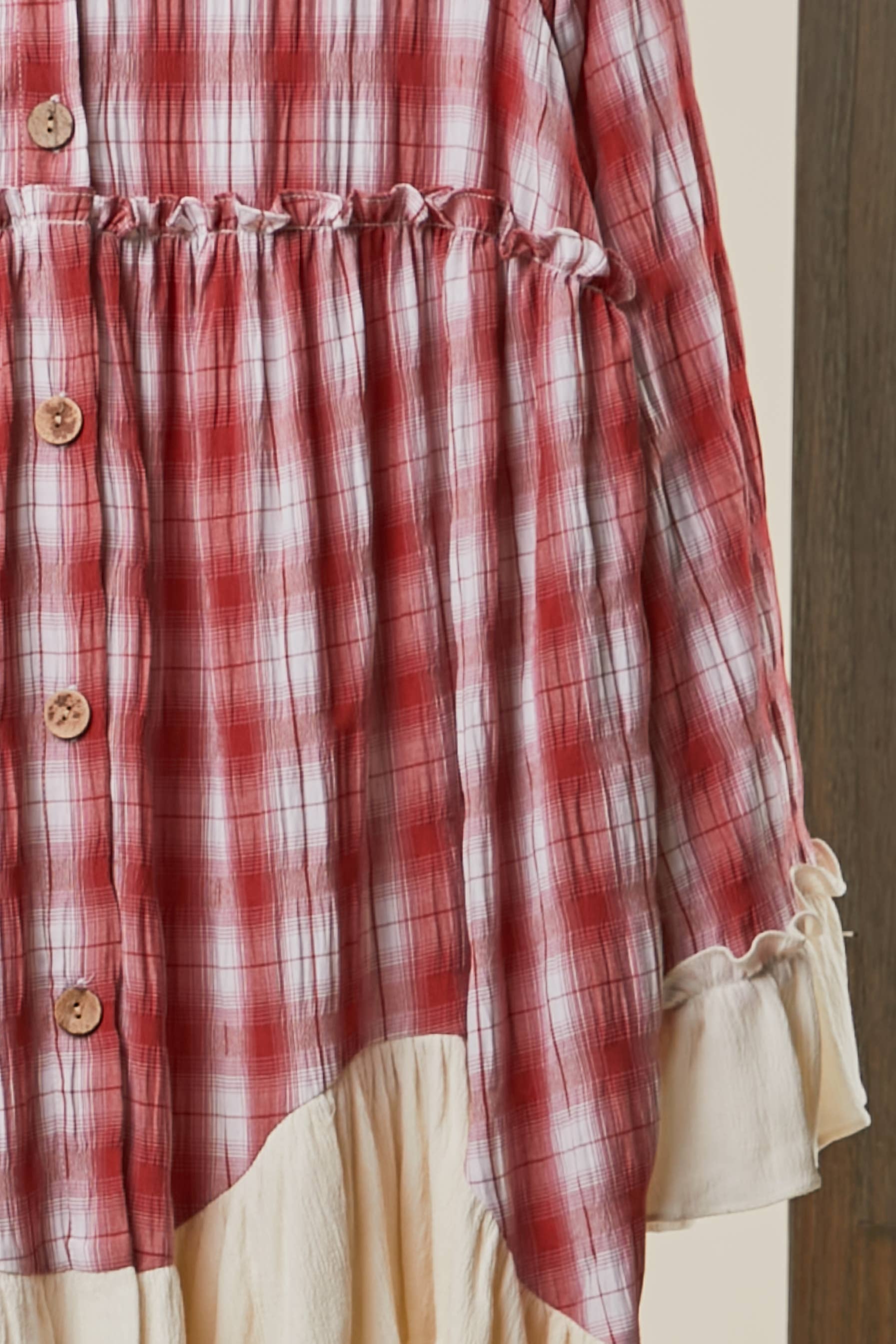 BOHO PLAID BUTTON-DOWN SHIRT DRESS WITH RUFFLED