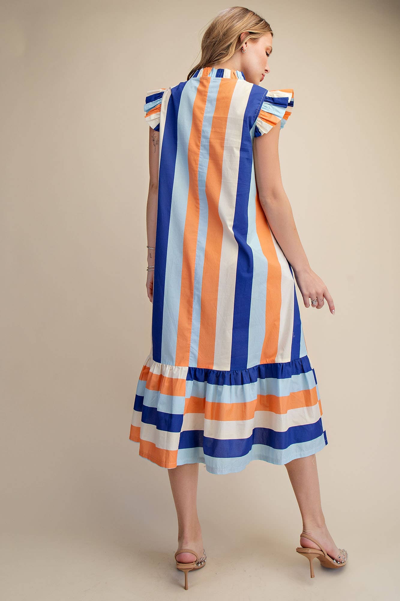 Ruffle Neck Sleeveless Flutter Stripe Midi Dress