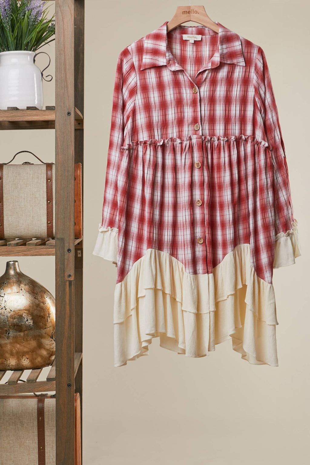 BOHO PLAID BUTTON-DOWN SHIRT DRESS WITH RUFFLED