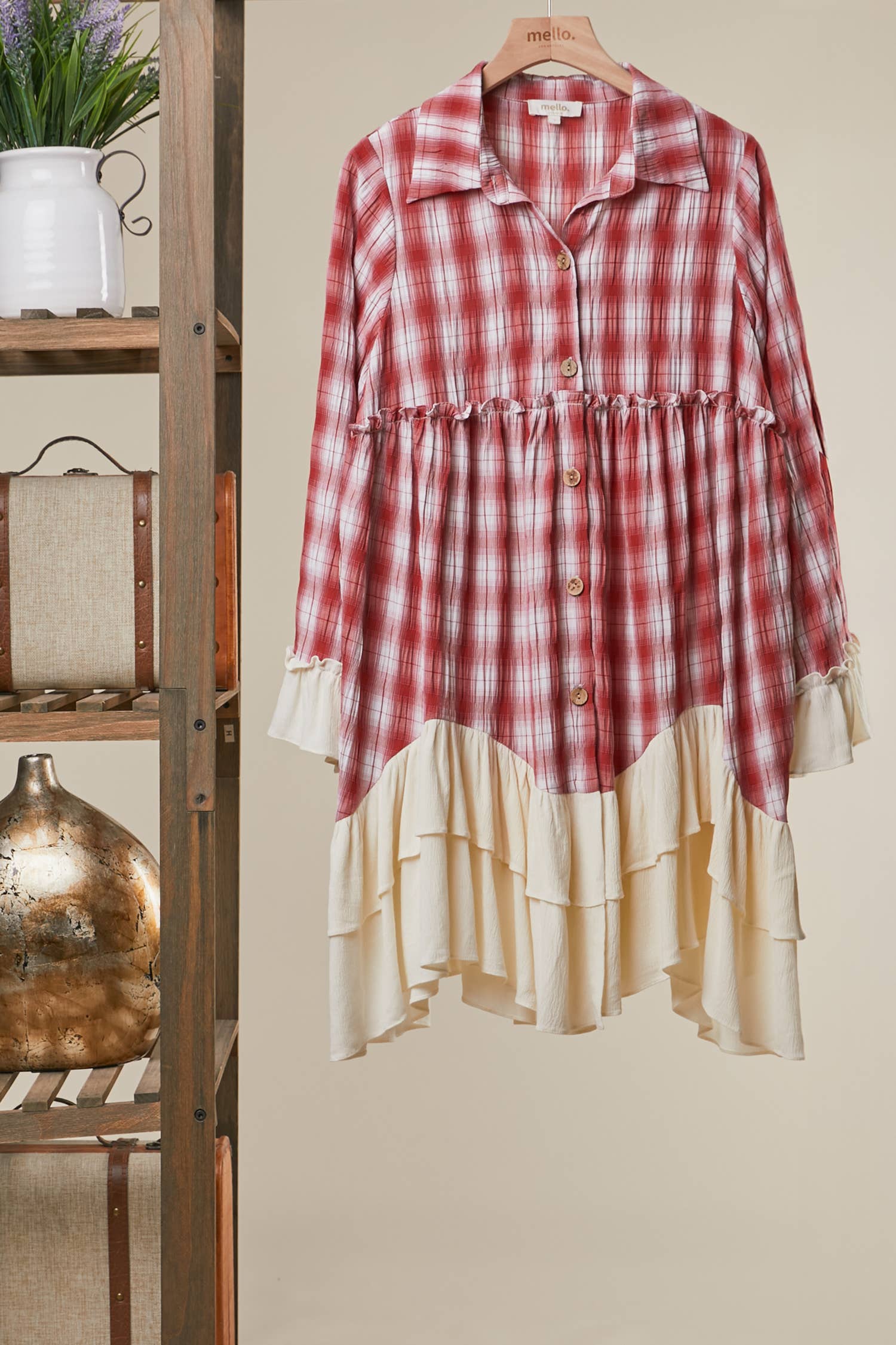 BOHO PLAID BUTTON-DOWN SHIRT DRESS WITH RUFFLED