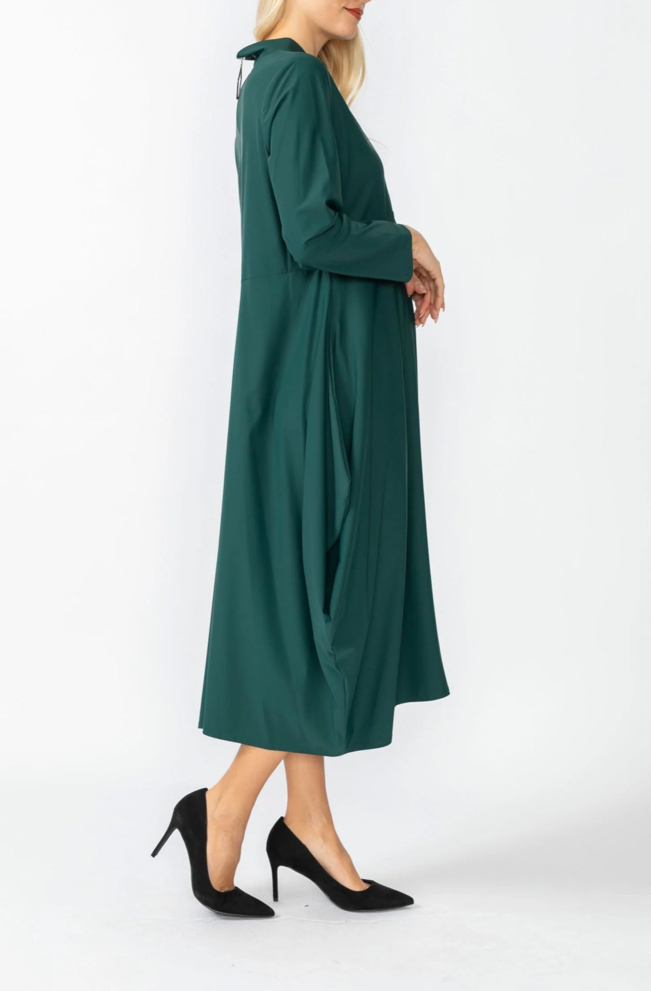 Hunter Green Shawl Collar Draped Dress