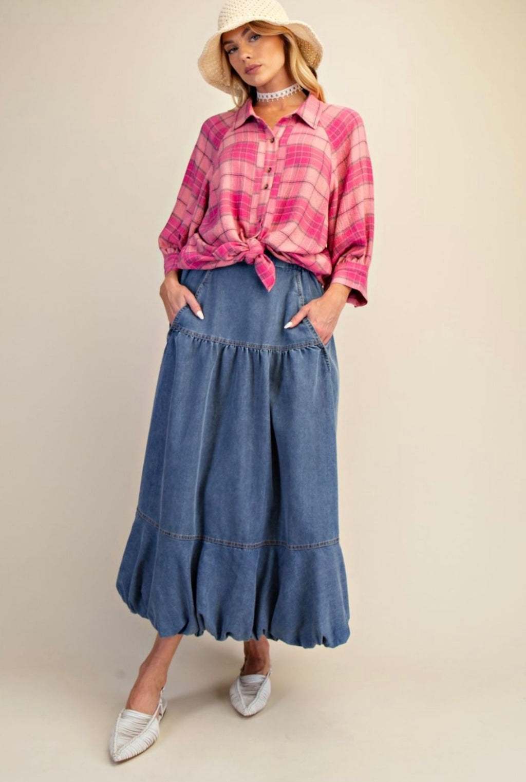 Bubble Hem Washed Denim Skirt