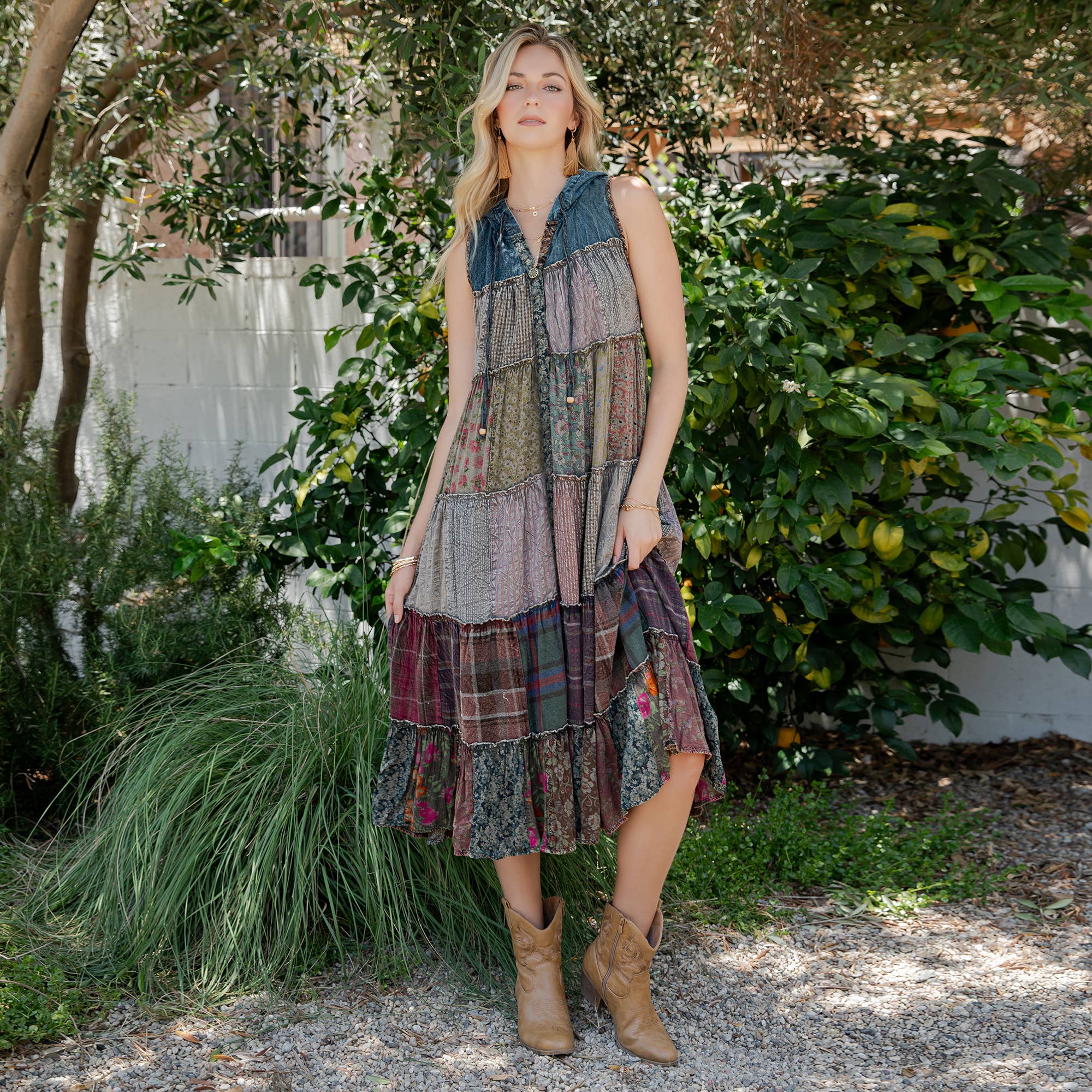 Boho Patchwork Sleeveless Maxi Duster With Hoodie NEW