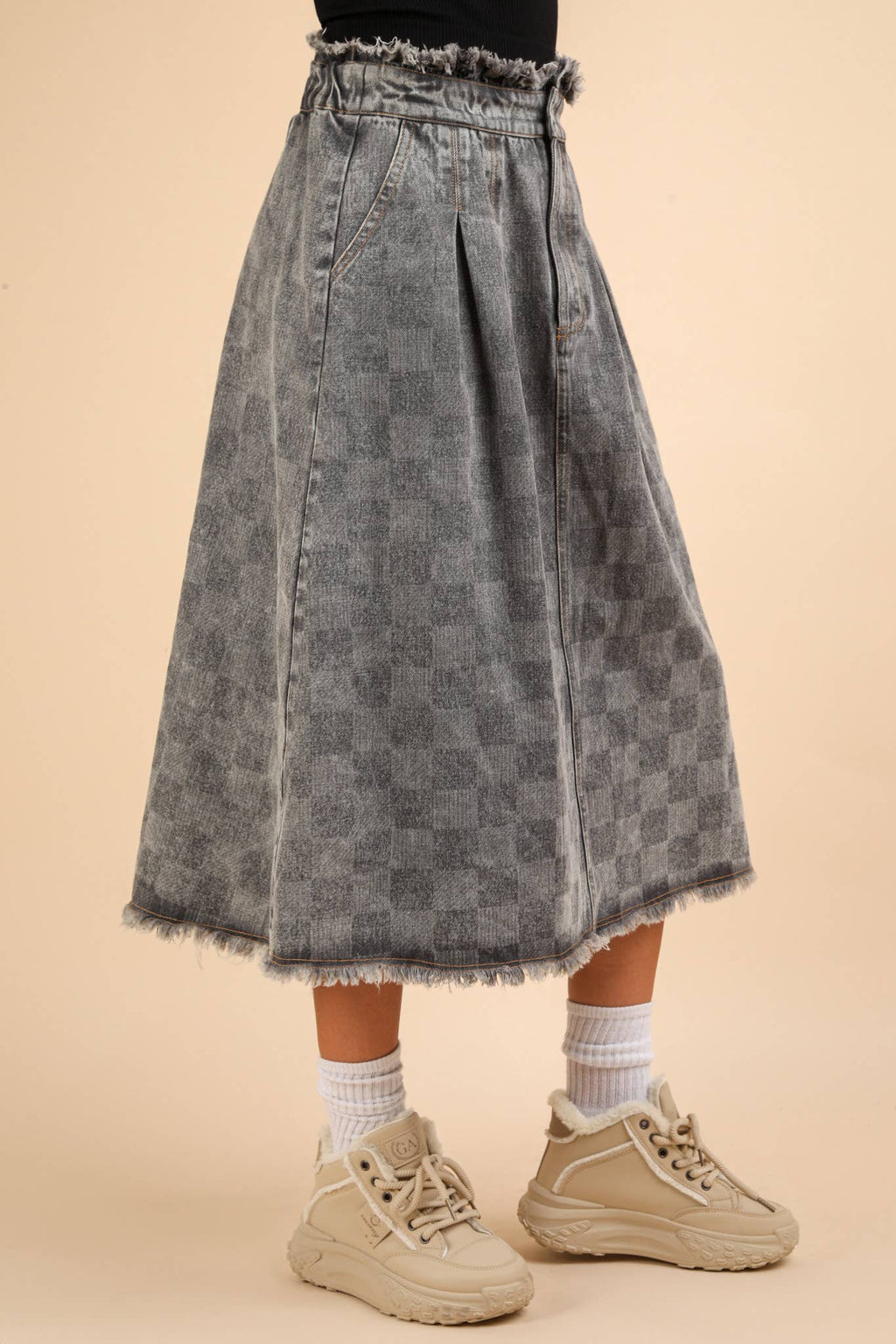 Washed Checkered Denim Midi Skirt