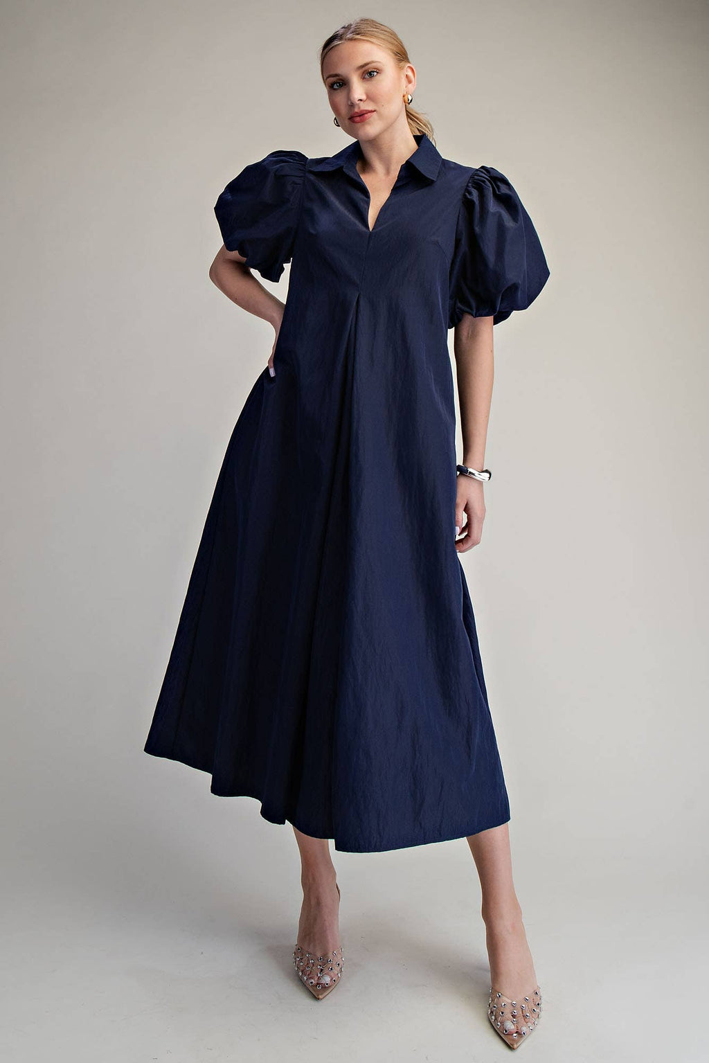 Collar V-Neck Puff Sleeve Pleated Midi Dress