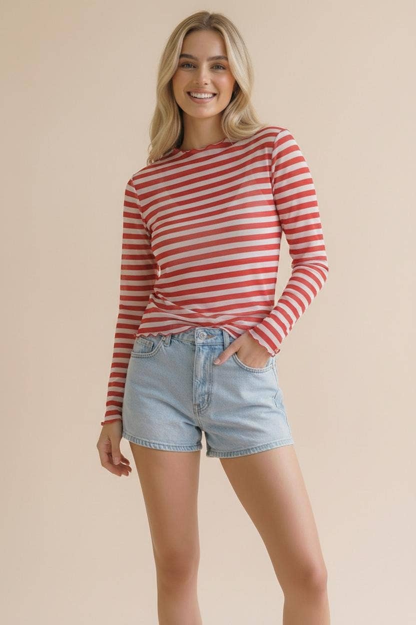 High Neck Line Long Sleeve Stripe Mesh Top